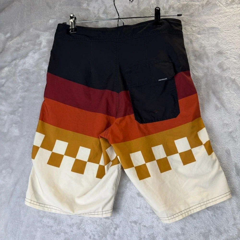 The Legend Mens Board‎ Shorts Size 30 Black Red Orange Checkered Swim Trunks